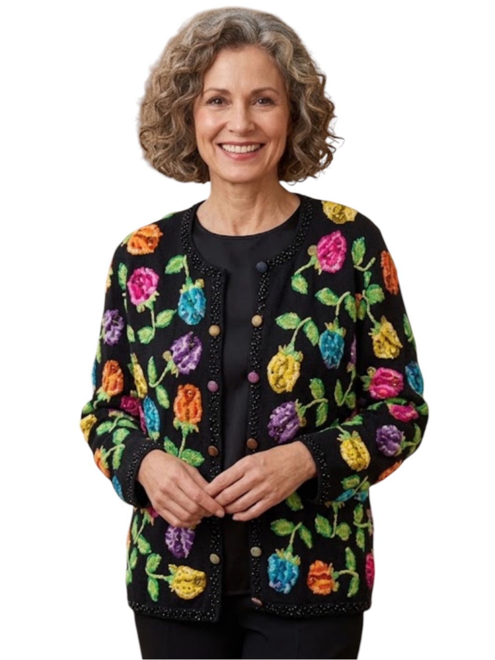 Just B Beaded Floral Cardigan Sweater Black Sequin Vintage Knit S
K